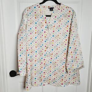 Carole Little Shirt Womens 2X White Multicolor Polka Dot Linen Button Up Top